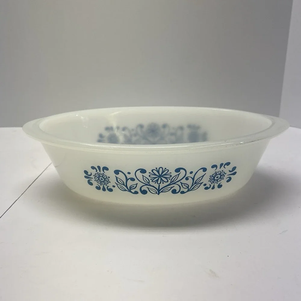 Glasbake Vintage J-235 Casserole Dish 1Qt Navy Blue Flower Pattern Microwaveable